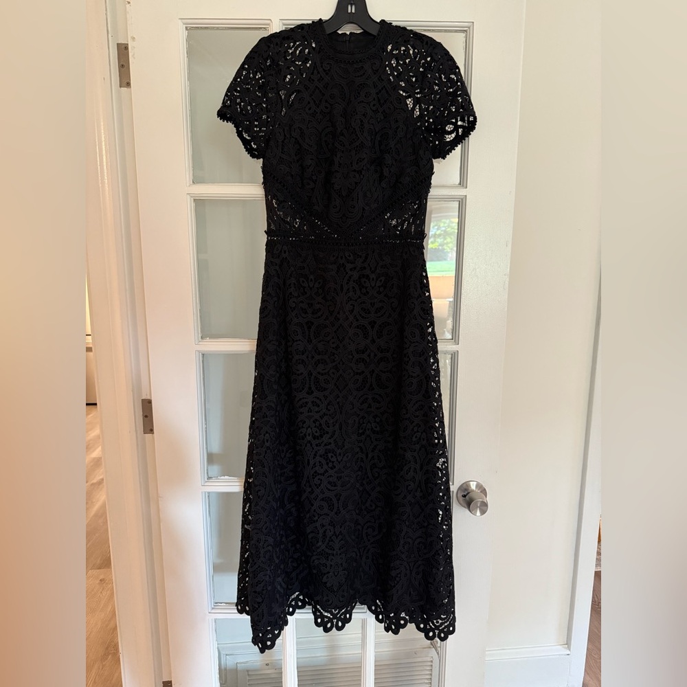 Monique Lhuillier Black Lace Midi Dress with Sheer Cutouts